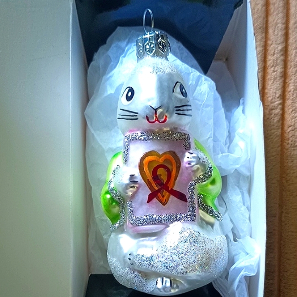 1993 Christopher Radko A Shy Rabbits Heart AIDS Charity Ornament Mercury